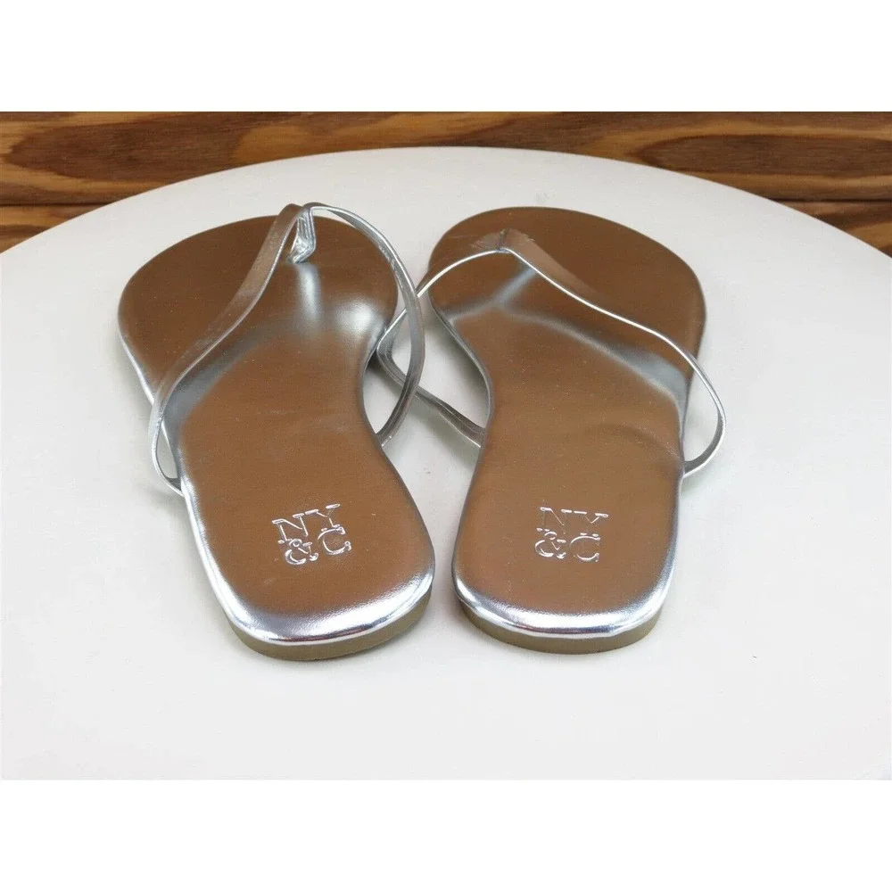 NY&C Size 6 M Women Sandal Flip Flop Silver Synthetic‎